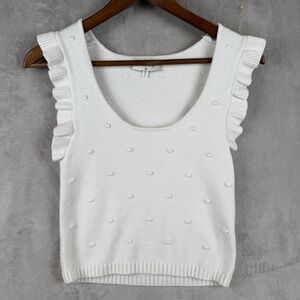 Fable‎ Womens White Textured Dot Knit Tank Top Ruffle Sleeve Scoop Neck Medium